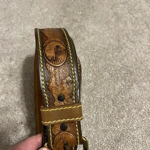 Embossed Tan Leather Belt with Stitch Detailing